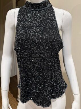 Papell Boutique Evening XL Black Silk Beaded Halter Top